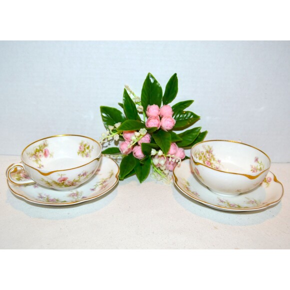 Vintage French Country Shabby Chic Tea for Two Pink with Gold Cups & Saucers - Picture 1 of 5